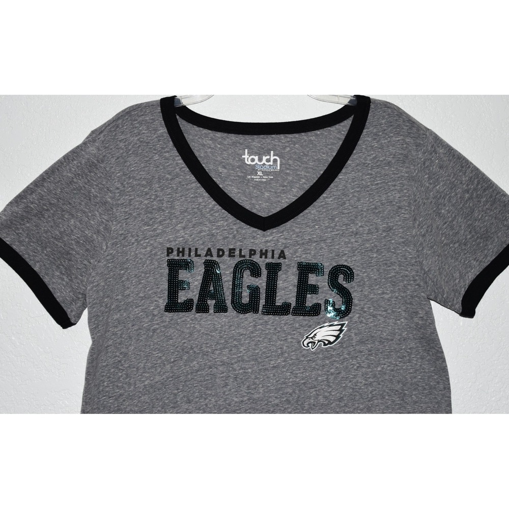 Philadelphia Eagles Tee V-Neck Sequin T-Shirt Gray NFL Short Sleeve XL Women